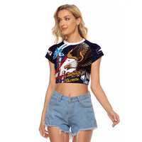 American Samoa Flag Day Raglan Cropped T Shirt Bald Eagle with Uatogi and Fue - Polynesian and Floral Tribal Tattoo