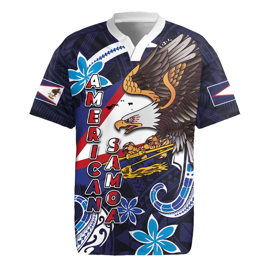 American Samoa Flag Day Rugby Jersey Bald Eagle with Uatogi and Fue - Polynesian and Floral Tribal Tattoo