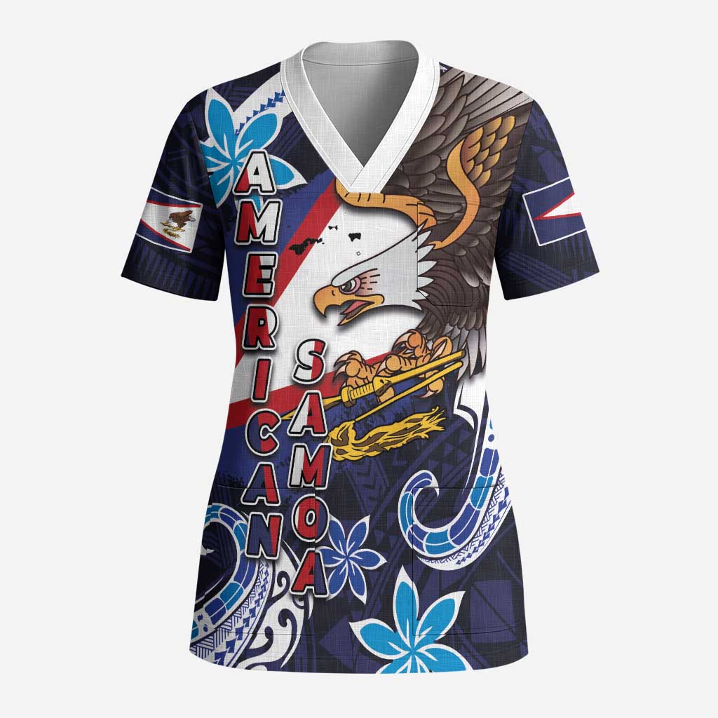 American Samoa Flag Day Scrub Top Bald Eagle with Uatogi and Fue - Polynesian and Floral Tribal Tattoo LT03 Adult Navy - Polynesian Pride