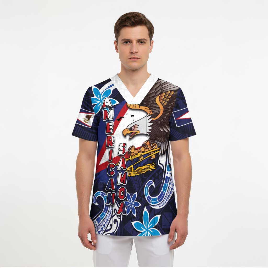 American Samoa Flag Day Scrub Top Bald Eagle with Uatogi and Fue - Polynesian and Floral Tribal Tattoo LT03 - Polynesian Pride
