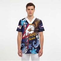 American Samoa Flag Day Scrub Top Bald Eagle with Uatogi and Fue - Polynesian and Floral Tribal Tattoo LT03 - Polynesian Pride