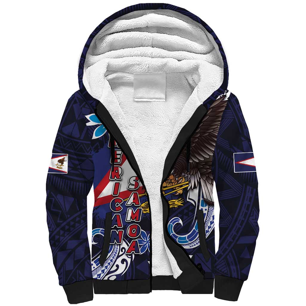 American Samoa Flag Day Sherpa Hoodie Bald Eagle with Uatogi and Fue - Polynesian and Floral Tribal Tattoo