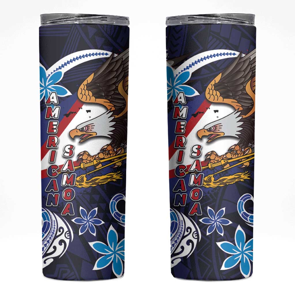 American Samoa Flag Day Skinny Tumbler Bald Eagle with Uatogi and Fue - Polynesian and Floral Tribal Tattoo