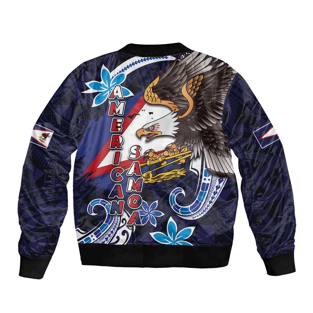 American Samoa Flag Day Sleeve Zip Bomber Jacket Bald Eagle with Uatogi and Fue - Polynesian and Floral Tribal Tattoo