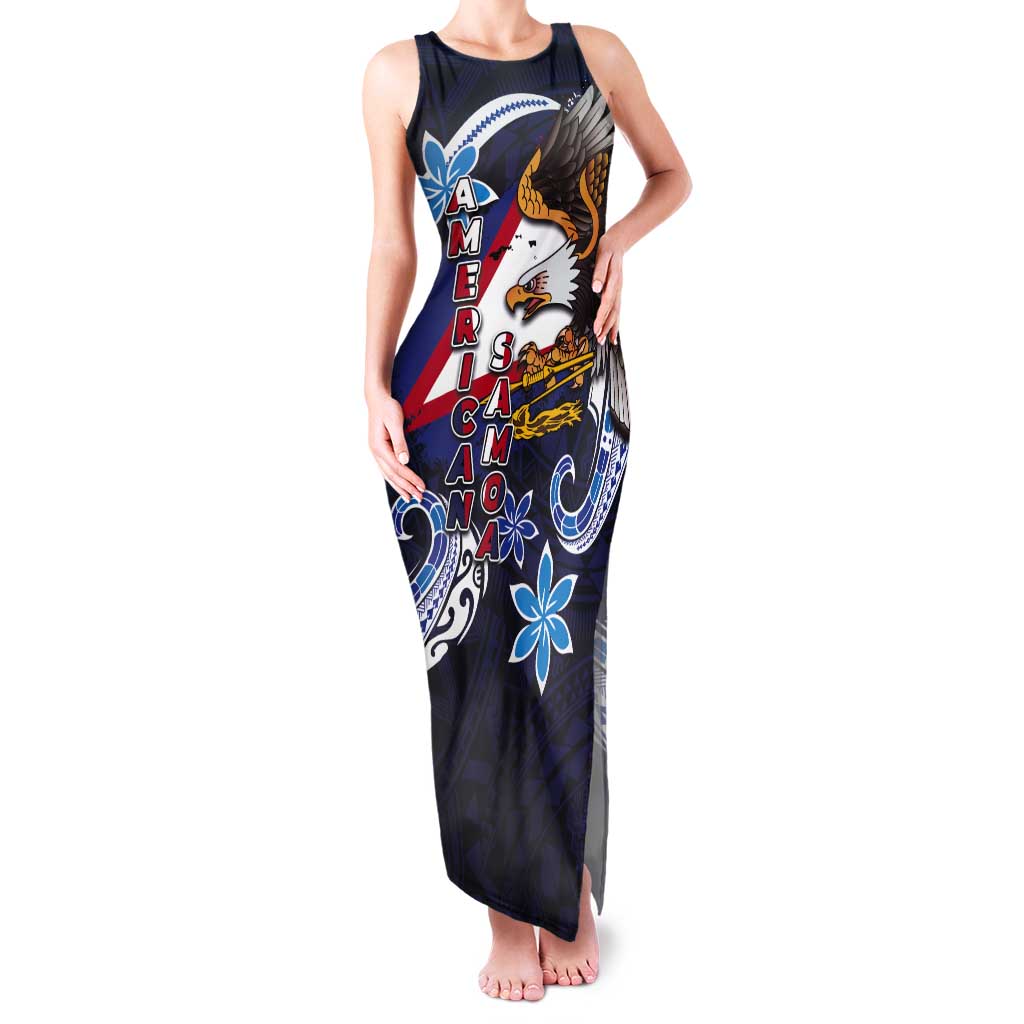 American Samoa Flag Day Tank Maxi Dress Bald Eagle with Uatogi and Fue - Polynesian and Floral Tribal Tattoo