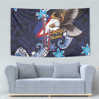 American Samoa Flag Day Tapestry Bald Eagle with Uatogi and Fue - Polynesian and Floral Tribal Tattoo