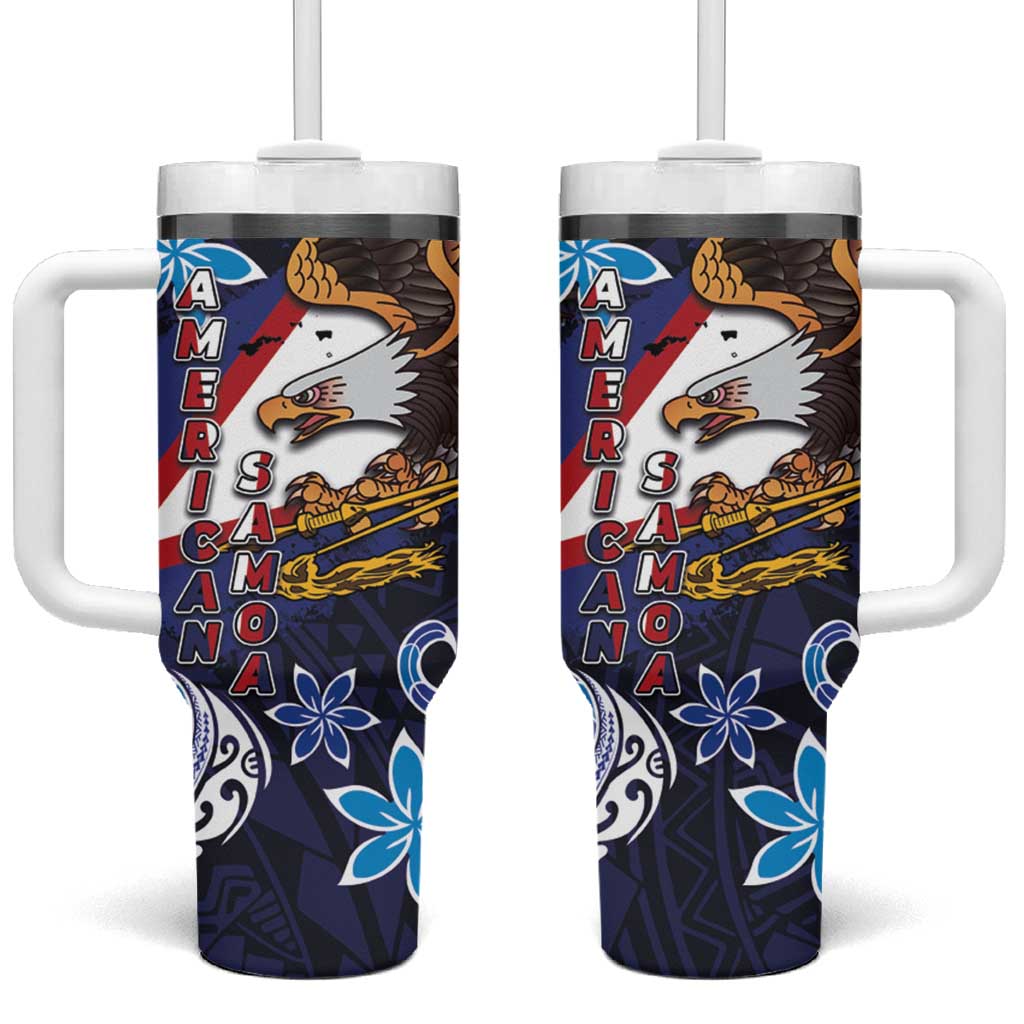 American Samoa Flag Day Tumbler With Handle Bald Eagle with Uatogi and Fue - Polynesian and Floral Tribal Tattoo