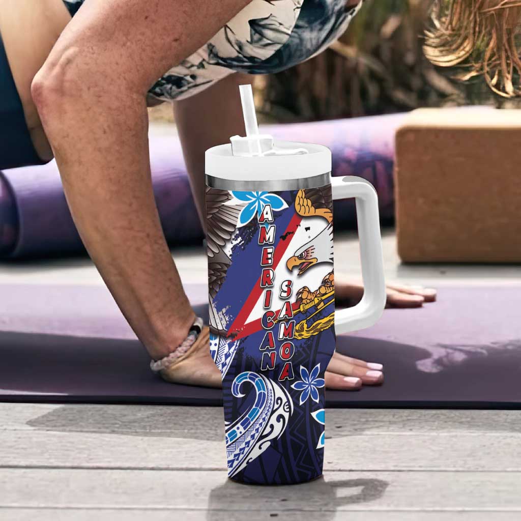 American Samoa Flag Day Tumbler With Handle Bald Eagle with Uatogi and Fue - Polynesian and Floral Tribal Tattoo