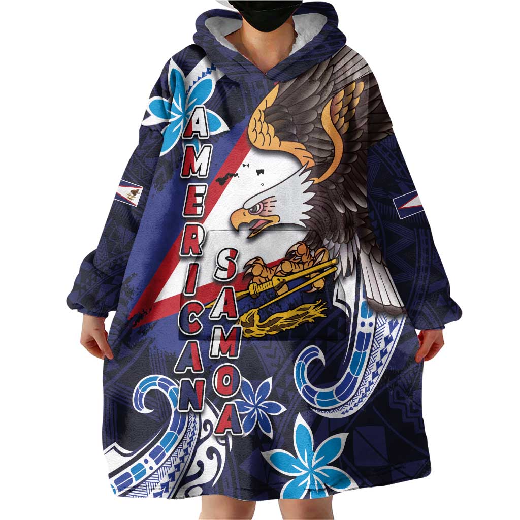 American Samoa Flag Day Wearable Blanket Hoodie Bald Eagle with Uatogi and Fue - Polynesian and Floral Tribal Tattoo