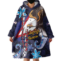 American Samoa Flag Day Wearable Blanket Hoodie Bald Eagle with Uatogi and Fue - Polynesian and Floral Tribal Tattoo
