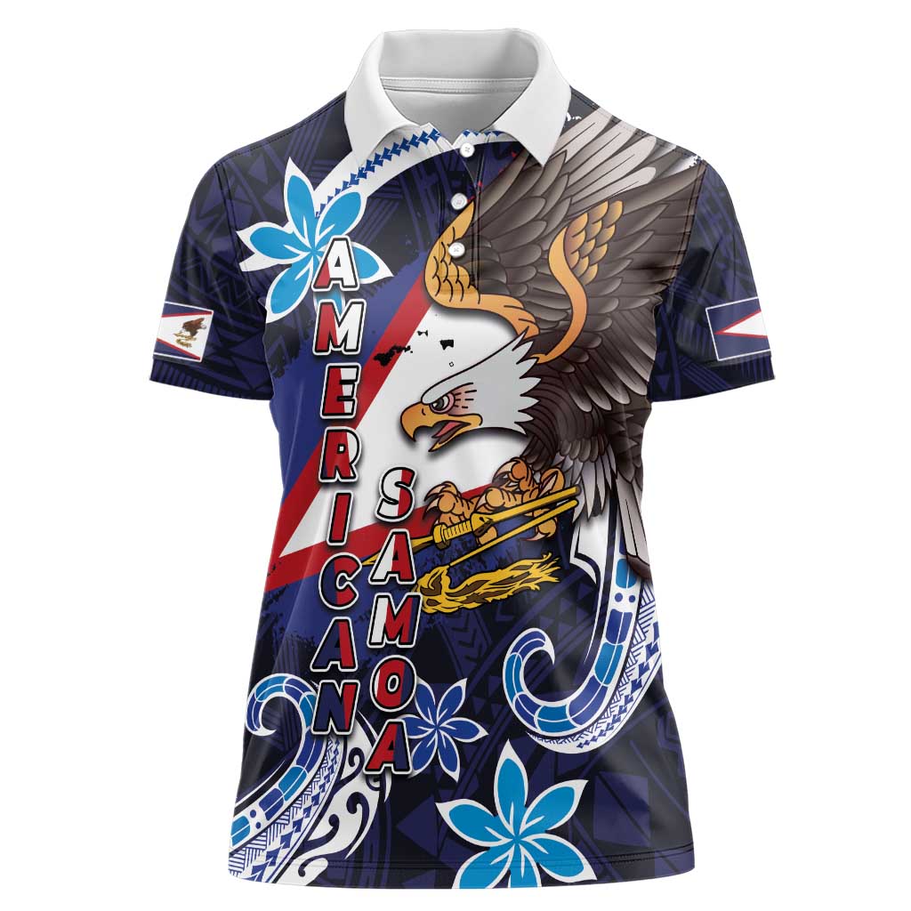 American Samoa Flag Day Women Polo Shirt Bald Eagle with Uatogi and Fue - Polynesian and Floral Tribal Tattoo