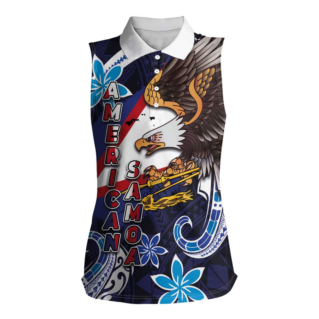 American Samoa Flag Day Women Sleeveless Polo Shirt Bald Eagle with Uatogi and Fue - Polynesian and Floral Tribal Tattoo