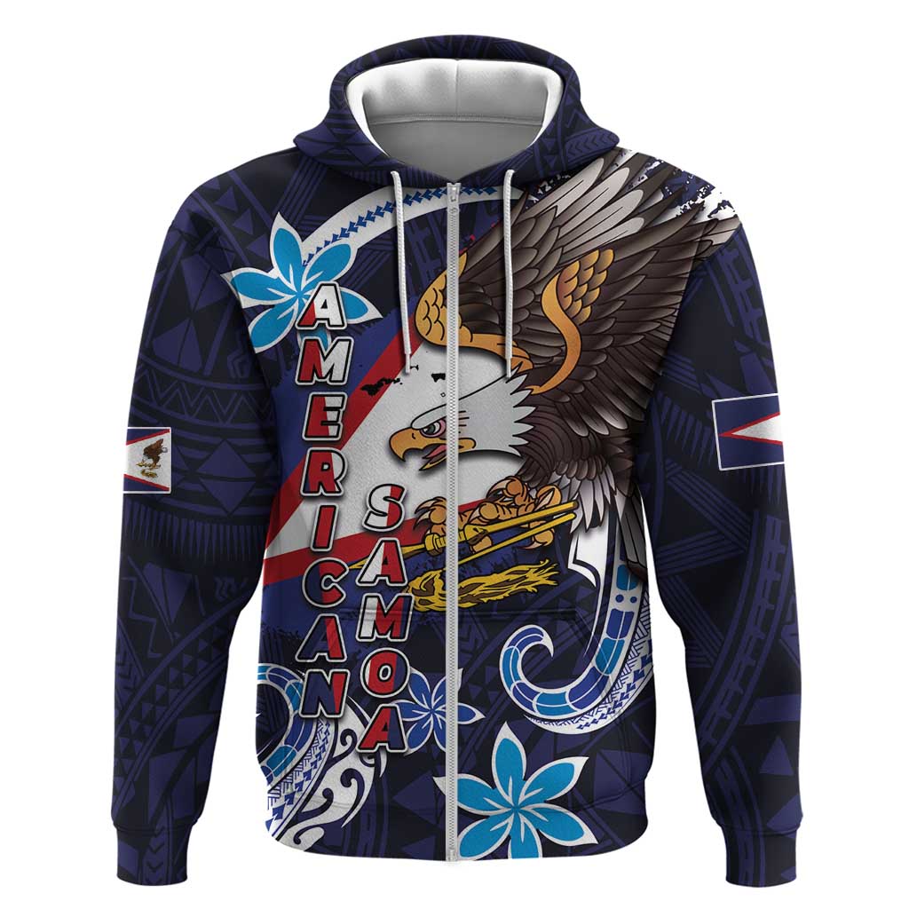 American Samoa Flag Day Zip Hoodie Bald Eagle with Uatogi and Fue - Polynesian and Floral Tribal Tattoo