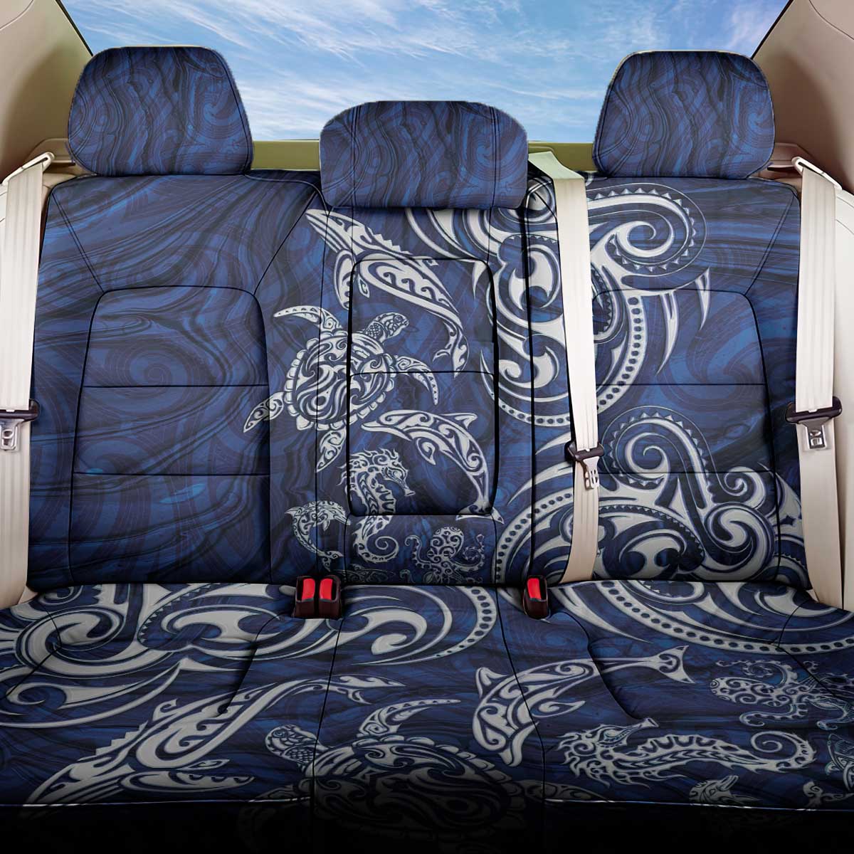 New Zealand Connecting with Seas Back Car Seat Cover Maori Tribal and Sea Animals Tattoo - White Glass Style