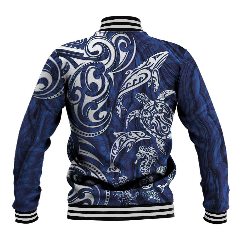 New Zealand Connecting with Seas Baseball Jacket Maori Tribal and Sea Animals Tattoo - White Glass Style