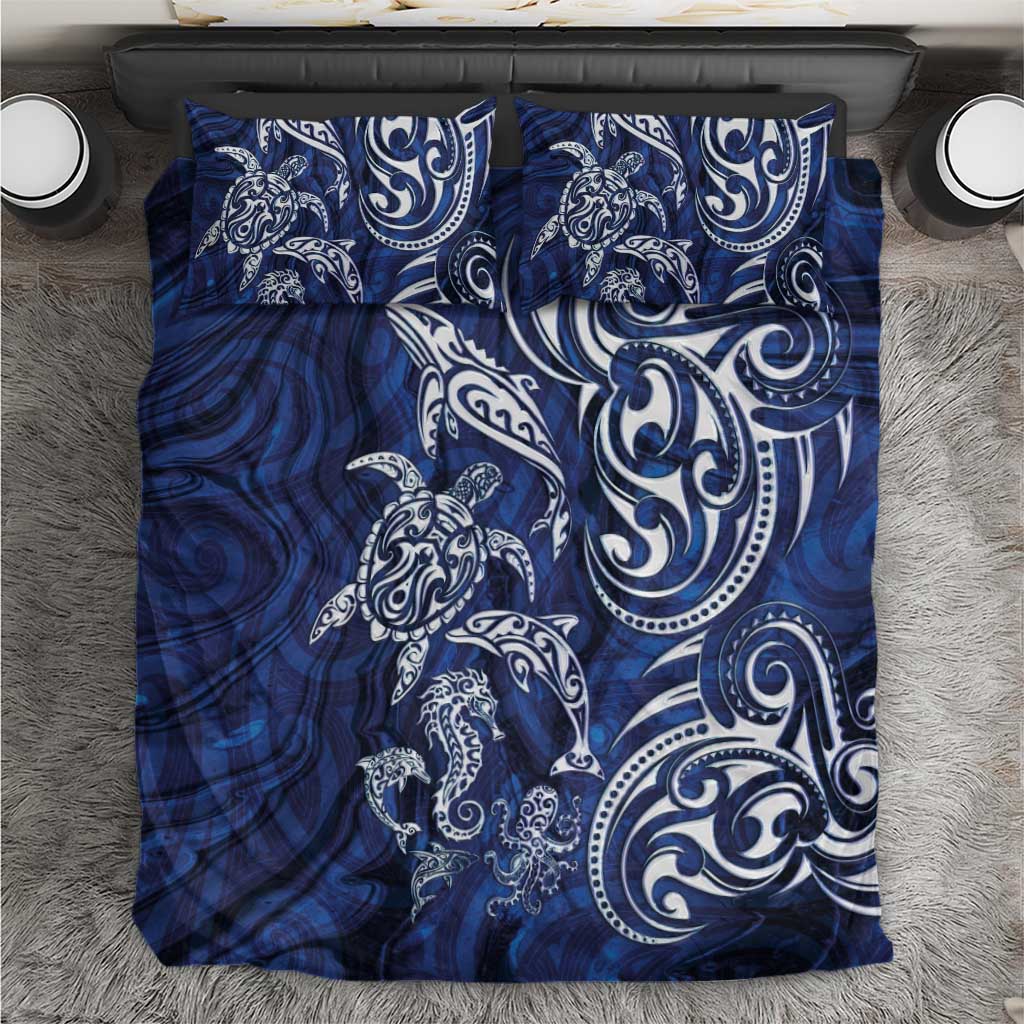 New Zealand Connecting with Seas Bedding Set Maori Tribal and Sea Animals Tattoo - White Glass Style