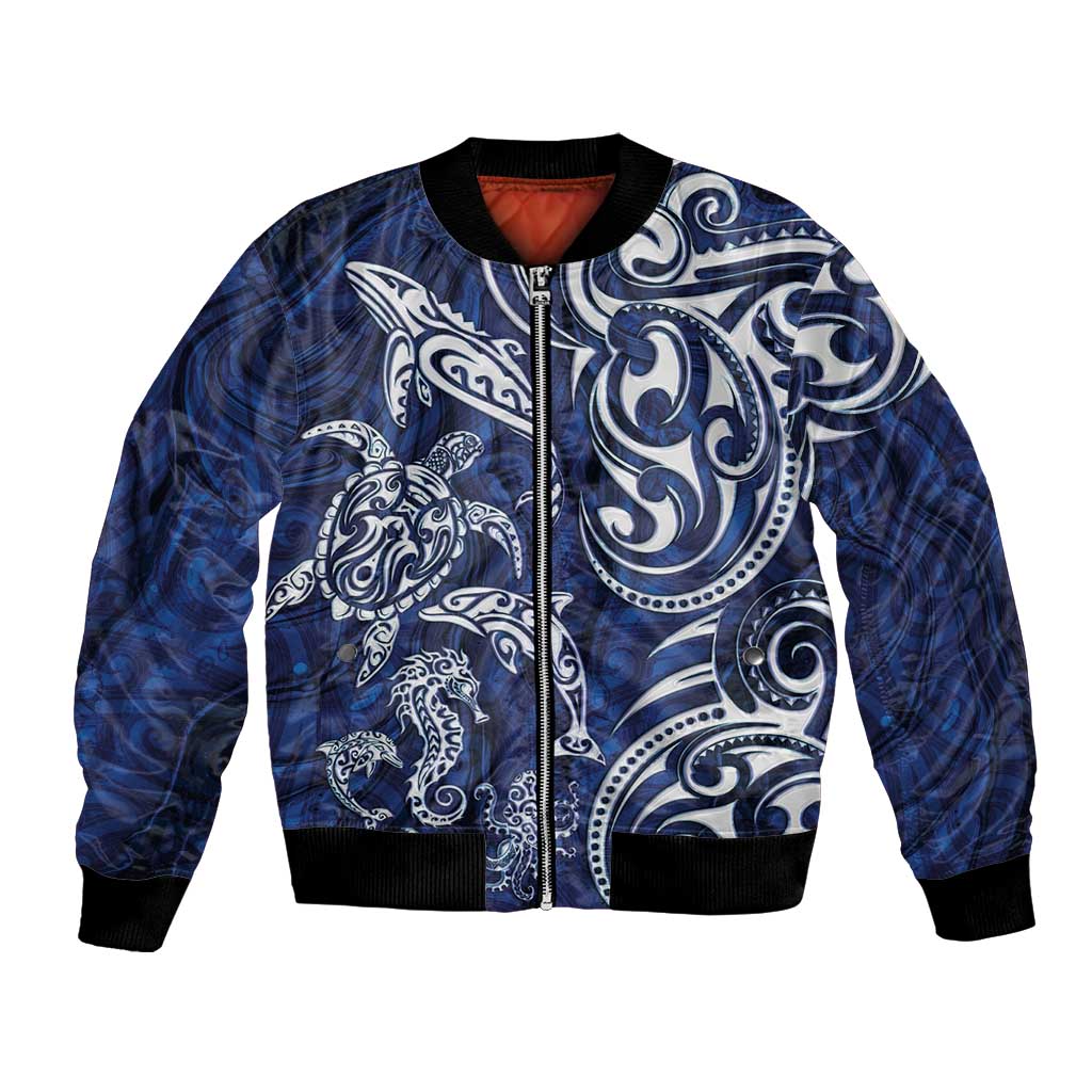 New Zealand Connecting with Seas Bomber Jacket Maori Tribal and Sea Animals Tattoo - White Glass Style