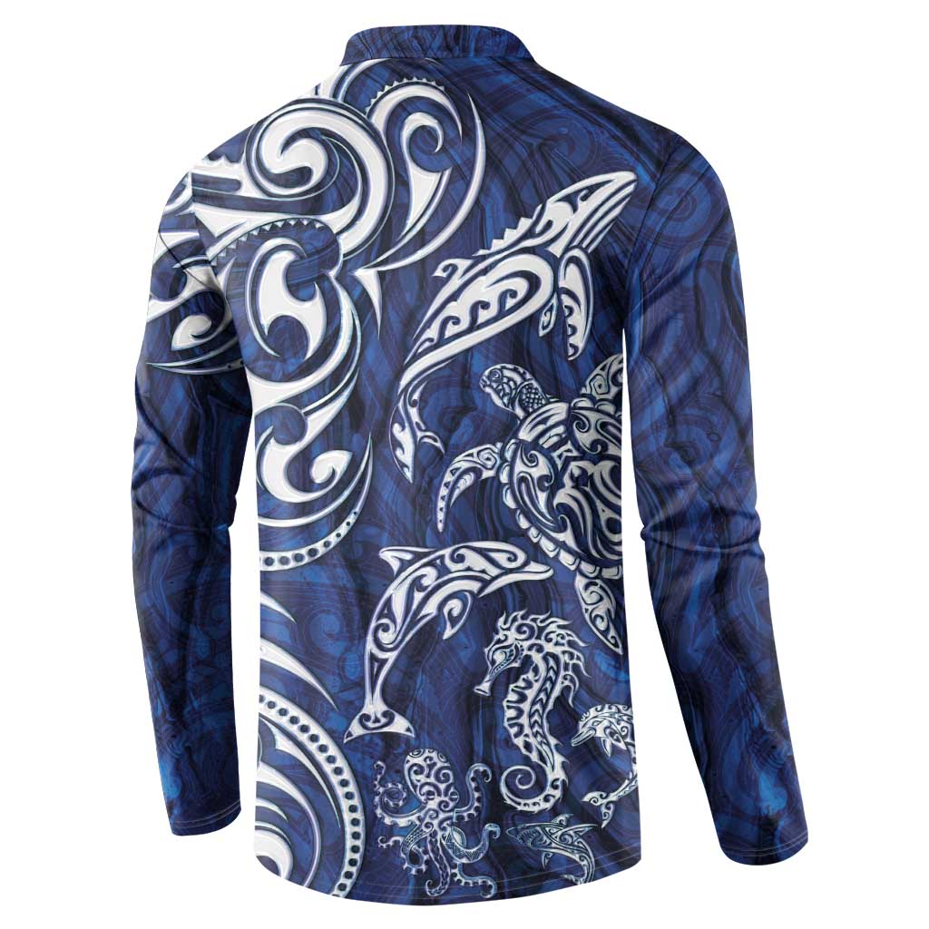 New Zealand Connecting with Seas Button Sweatshirt Maori Tribal and Sea Animals Tattoo - White Glass Style