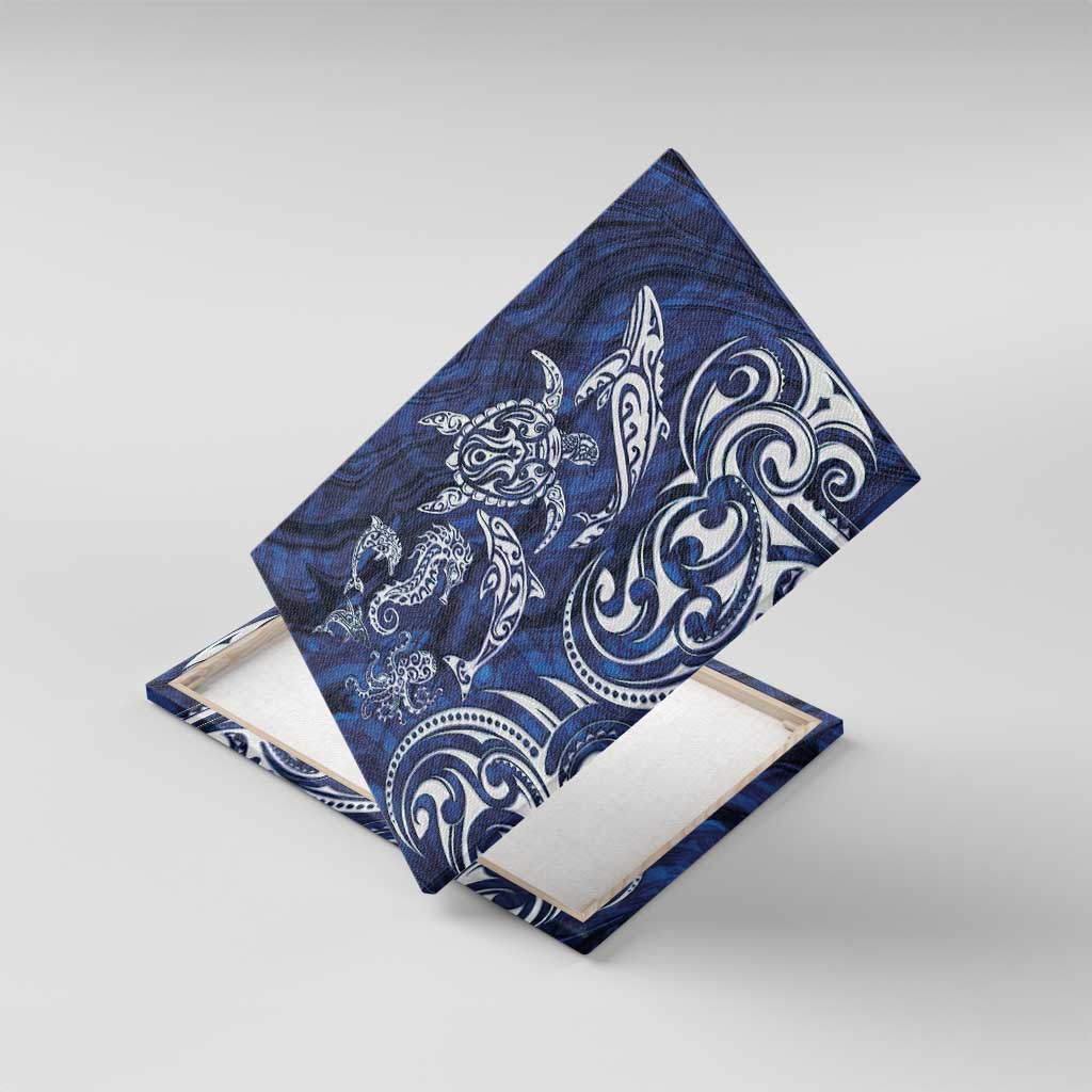 New Zealand Connecting with Seas Canvas Wall Art Maori Tribal and Sea Animals Tattoo - White Glass Style