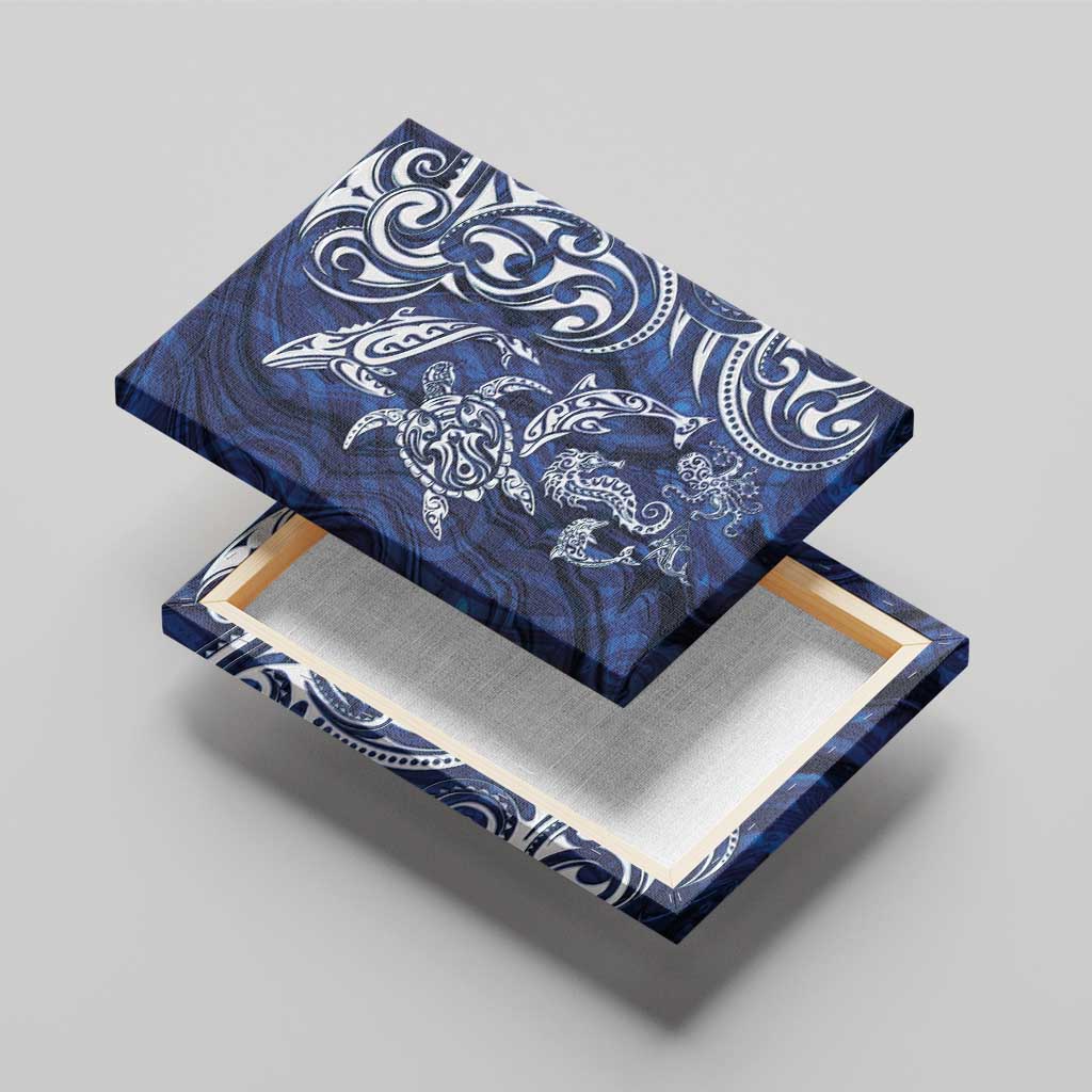 New Zealand Connecting with Seas Canvas Wall Art Maori Tribal and Sea Animals Tattoo - White Glass Style