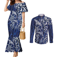 New Zealand Connecting with Seas Couples Matching Mermaid Dress and Long Sleeve Button Shirt Maori Tribal and Sea Animals Tattoo - White Glass Style