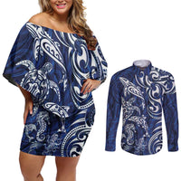 New Zealand Connecting with Seas Couples Matching Off Shoulder Short Dress and Long Sleeve Button Shirt Maori Tribal and Sea Animals Tattoo - White Glass Style