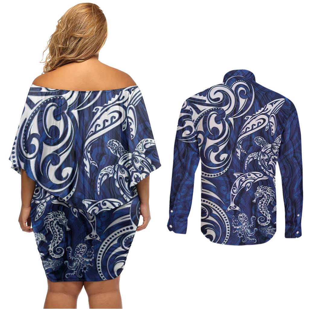 New Zealand Connecting with Seas Couples Matching Off Shoulder Short Dress and Long Sleeve Button Shirt Maori Tribal and Sea Animals Tattoo - White Glass Style