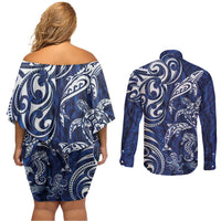 New Zealand Connecting with Seas Couples Matching Off Shoulder Short Dress and Long Sleeve Button Shirt Maori Tribal and Sea Animals Tattoo - White Glass Style