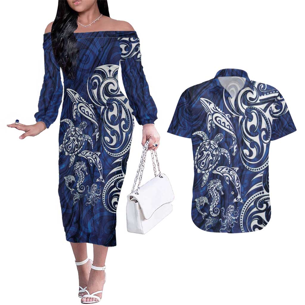 New Zealand Connecting with Seas Couples Matching Off The Shoulder Long Sleeve Dress and Hawaiian Shirt Maori Tribal and Sea Animals Tattoo - White Glass Style LT03 Navy - Polynesian Pride