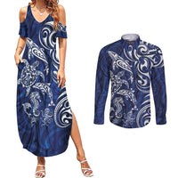 New Zealand Connecting with Seas Couples Matching Summer Maxi Dress and Long Sleeve Button Shirt Maori Tribal and Sea Animals Tattoo - White Glass Style