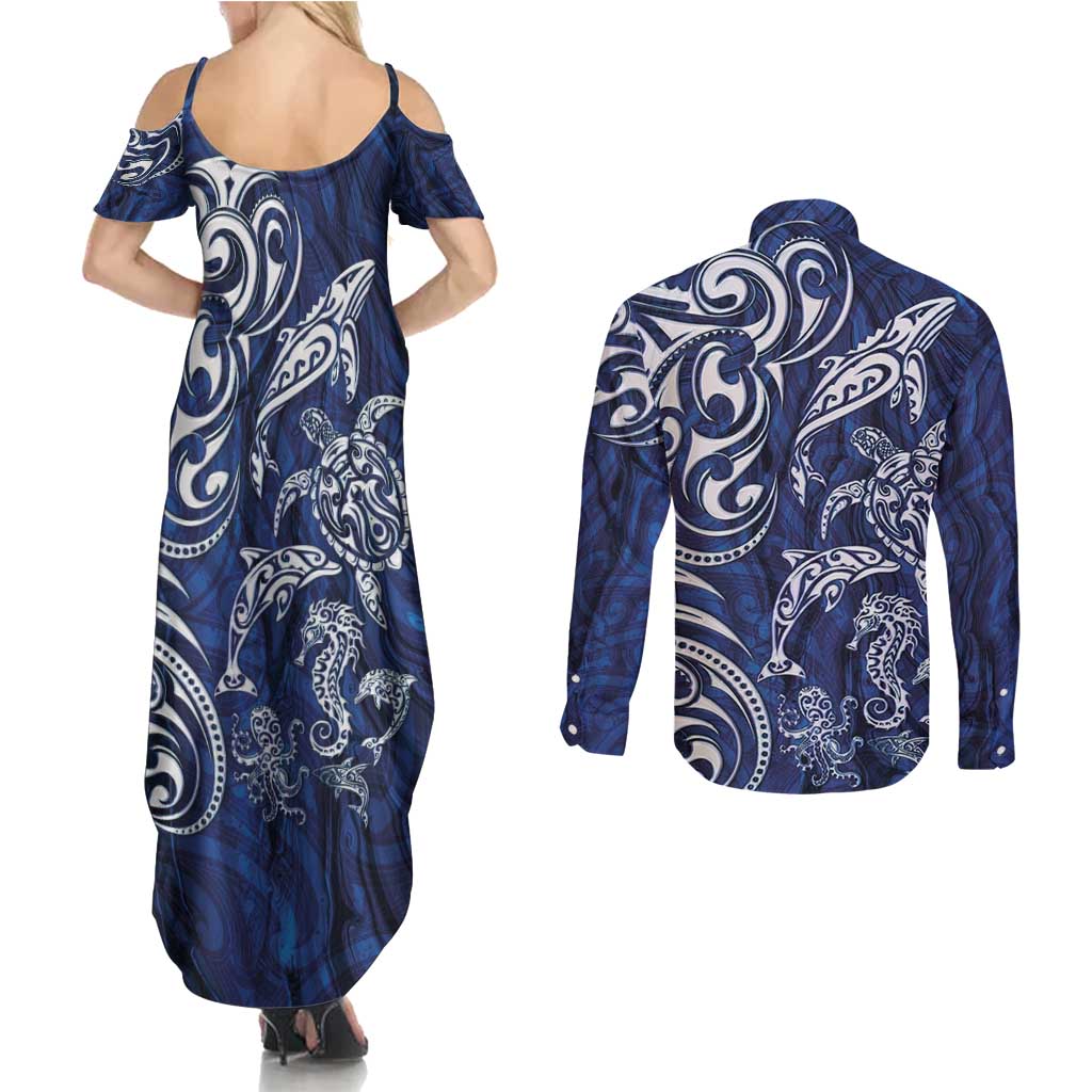 New Zealand Connecting with Seas Couples Matching Summer Maxi Dress and Long Sleeve Button Shirt Maori Tribal and Sea Animals Tattoo - White Glass Style