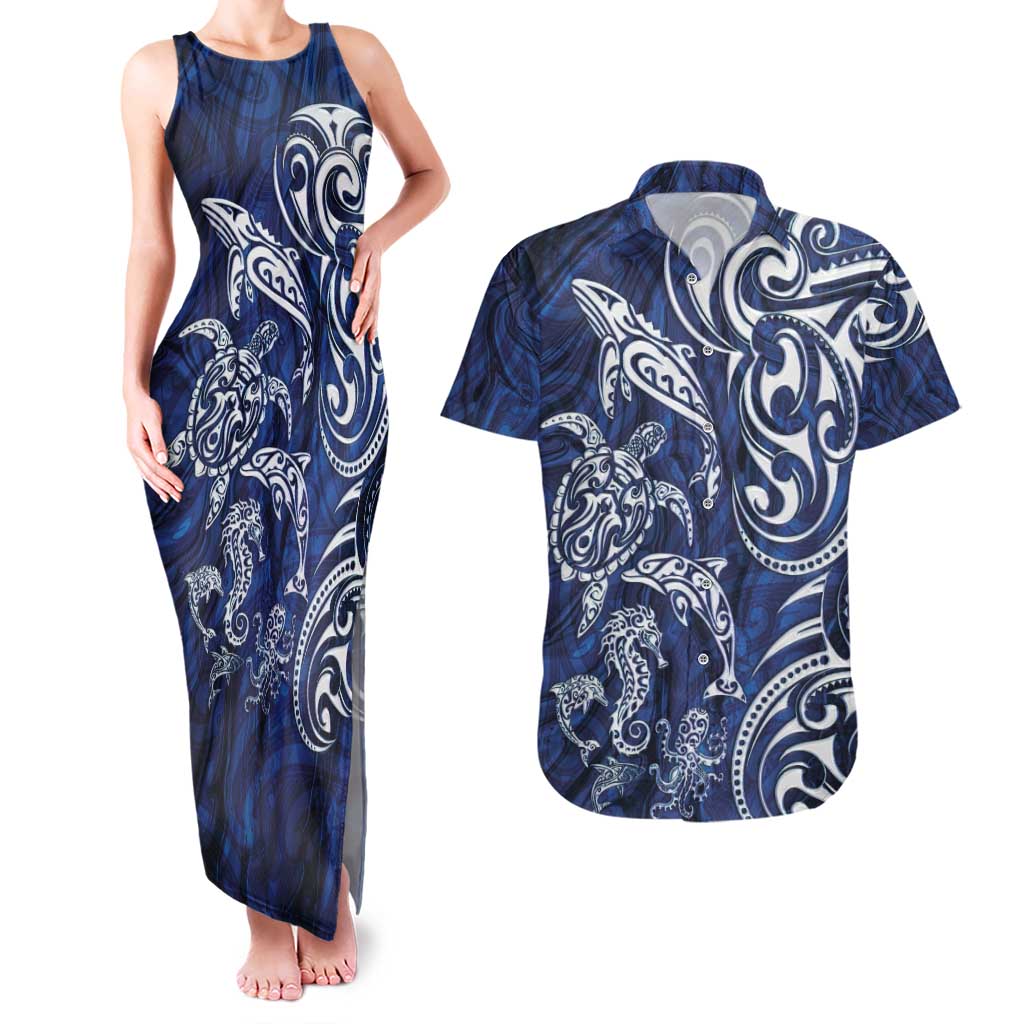 New Zealand Connecting with Seas Couples Matching Tank Maxi Dress and Hawaiian Shirt Maori Tribal and Sea Animals Tattoo - White Glass Style