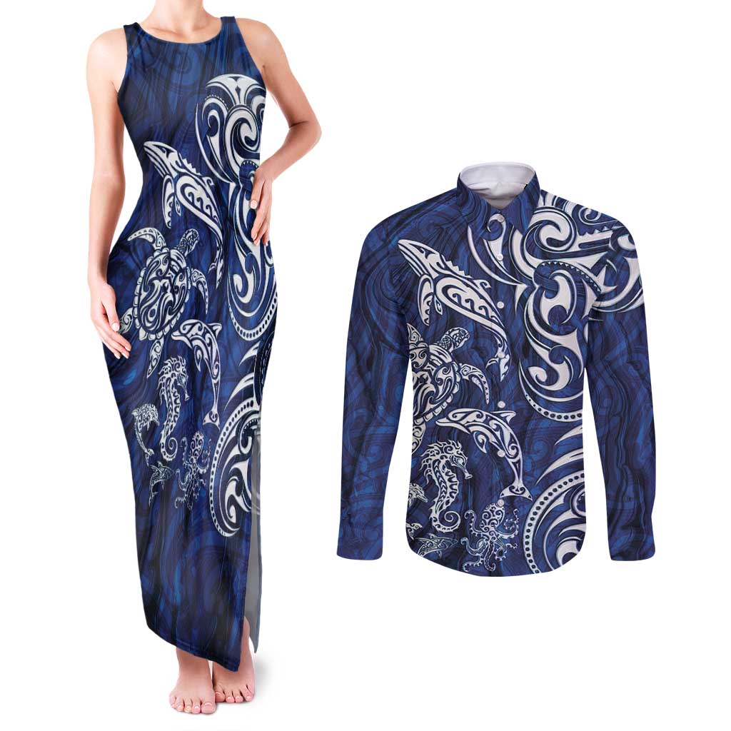 New Zealand Connecting with Seas Couples Matching Tank Maxi Dress and Long Sleeve Button Shirt Maori Tribal and Sea Animals Tattoo - White Glass Style