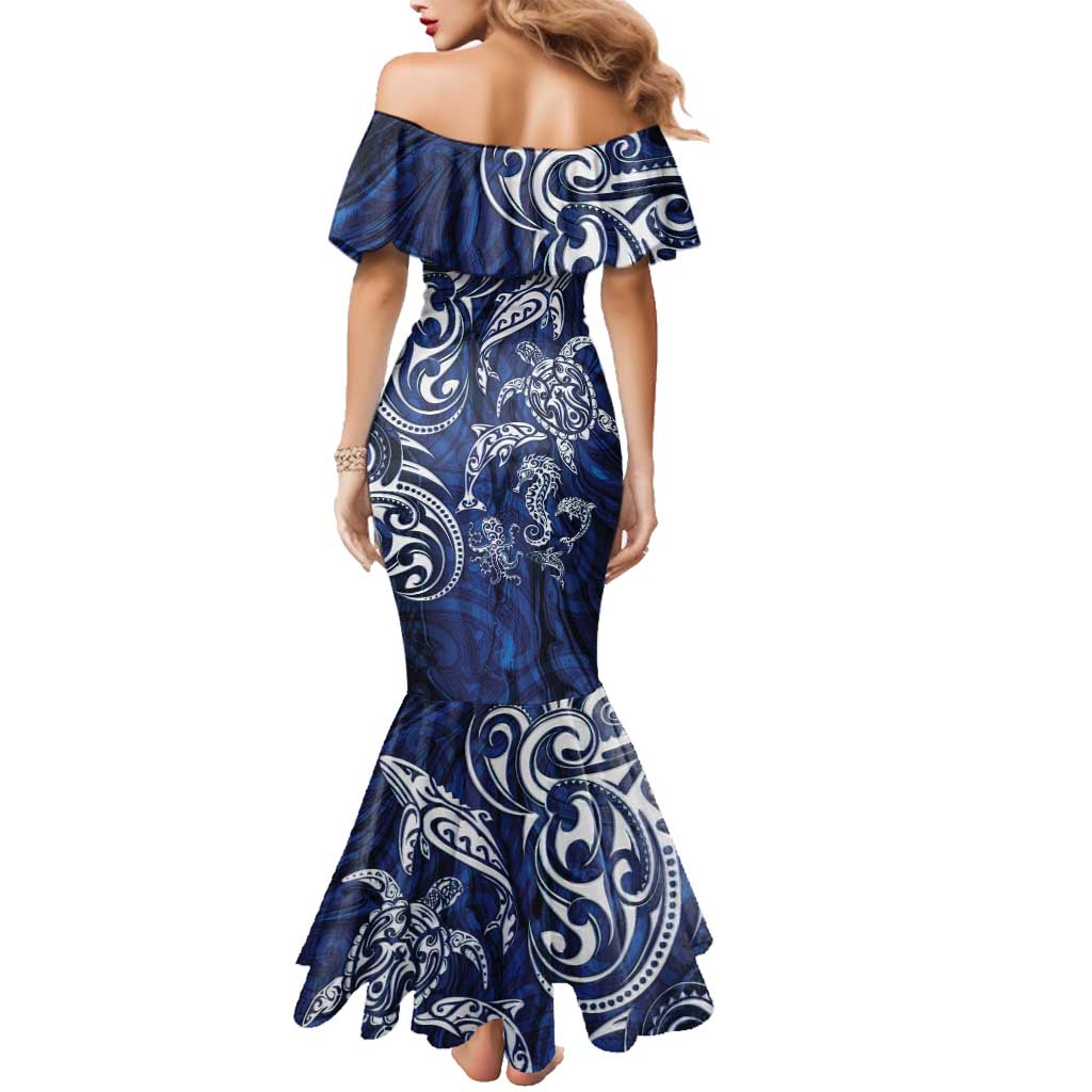 New Zealand Connecting with Seas Family Matching Mermaid Dress and Hawaiian Shirt Maori Tribal and Sea Animals Tattoo - White Glass Style