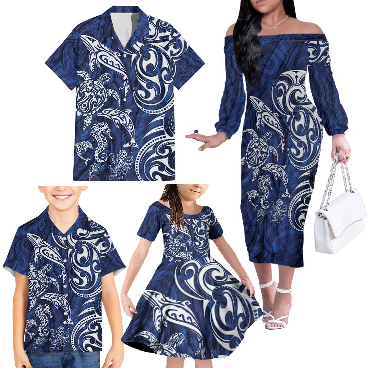 New Zealand Connecting with Seas Family Matching Off The Shoulder Long Sleeve Dress and Hawaiian Shirt Maori Tribal and Sea Animals Tattoo - White Glass Style LT03 - Polynesian Pride