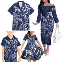 New Zealand Connecting with Seas Family Matching Off The Shoulder Long Sleeve Dress and Hawaiian Shirt Maori Tribal and Sea Animals Tattoo - White Glass Style