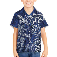 New Zealand Connecting with Seas Family Matching Off The Shoulder Long Sleeve Dress and Hawaiian Shirt Maori Tribal and Sea Animals Tattoo - White Glass Style