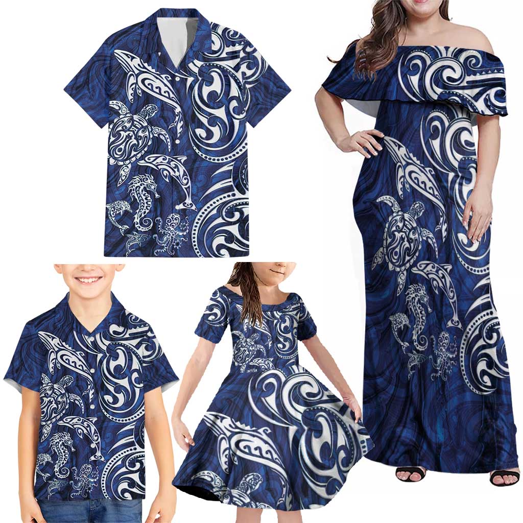 New Zealand Connecting with Seas Family Matching Off Shoulder Maxi Dress and Hawaiian Shirt Maori Tribal and Sea Animals Tattoo - White Glass Style