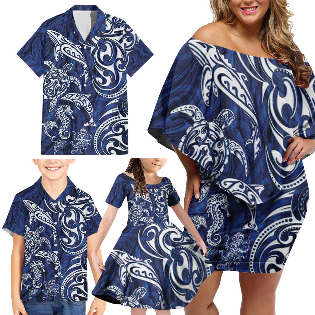 New Zealand Connecting with Seas Family Matching Off Shoulder Short Dress and Hawaiian Shirt Maori Tribal and Sea Animals Tattoo - White Glass Style LT03 - Polynesian Pride