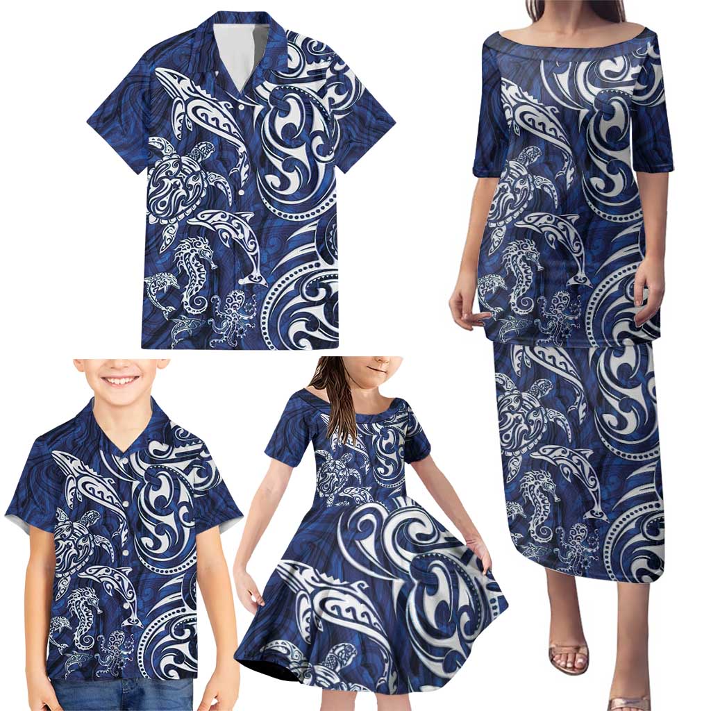 New Zealand Connecting with Seas Family Matching Puletasi and Hawaiian Shirt Maori Tribal and Sea Animals Tattoo - White Glass Style LT03 - Polynesian Pride