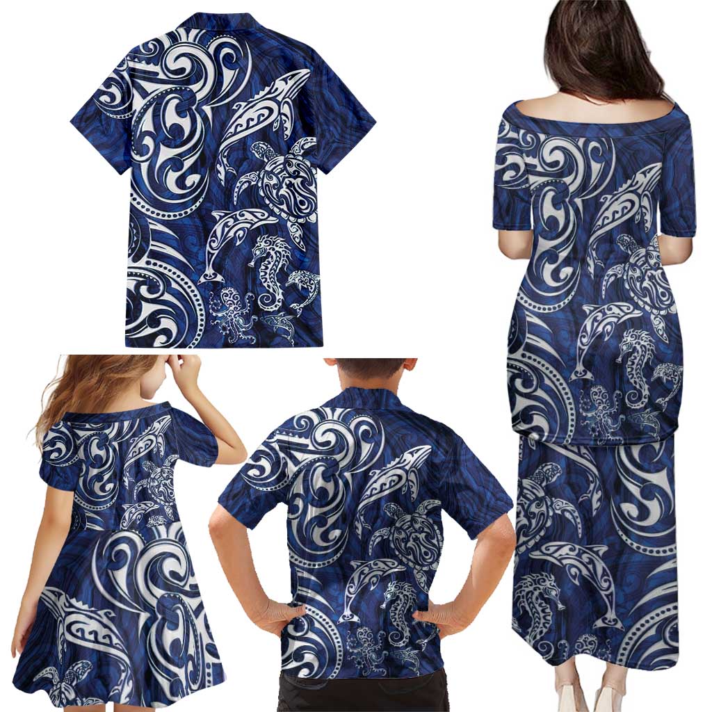 New Zealand Connecting with Seas Family Matching Puletasi and Hawaiian Shirt Maori Tribal and Sea Animals Tattoo - White Glass Style
