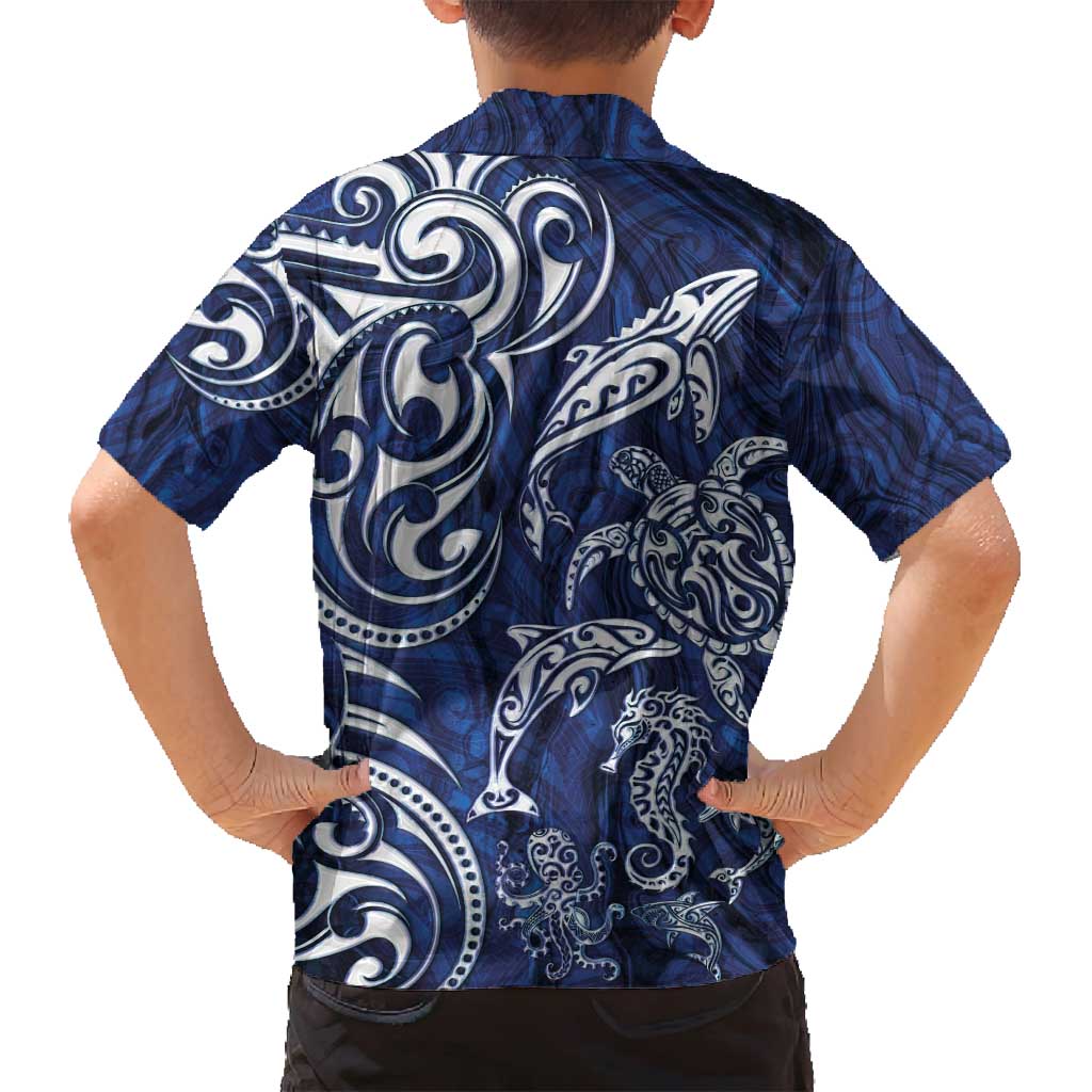 New Zealand Connecting with Seas Family Matching Tank Maxi Dress and Hawaiian Shirt Maori Tribal and Sea Animals Tattoo - White Glass Style