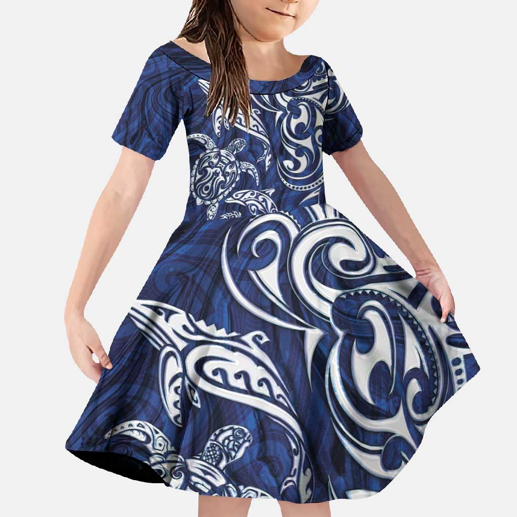 New Zealand Connecting with Seas Family Matching Tank Maxi Dress and Hawaiian Shirt Maori Tribal and Sea Animals Tattoo - White Glass Style