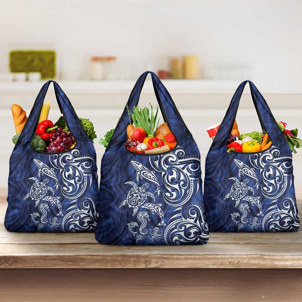 New Zealand Connecting with Seas Grocery Bag Maori Tribal and Sea Animals Tattoo - White Glass Style
