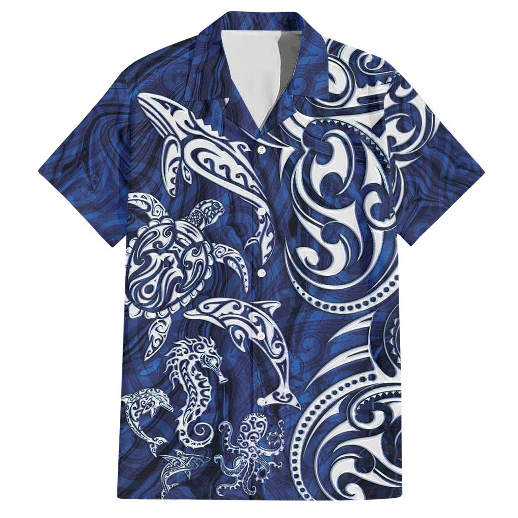 New Zealand Connecting with Seas Hawaiian Shirt Maori Tribal and Sea Animals Tattoo - White Glass Style LT03 Navy - Polynesian Pride