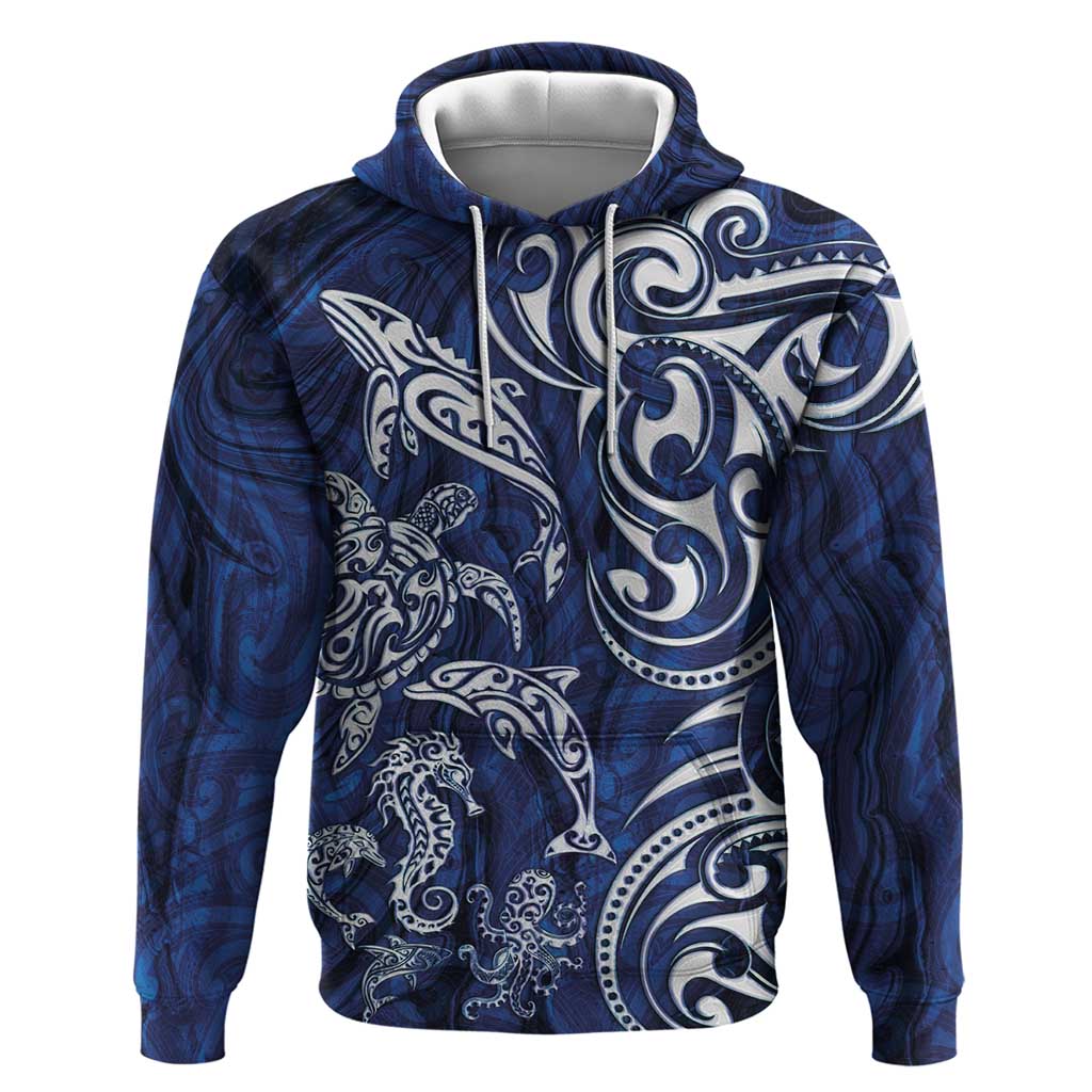 New Zealand Connecting with Seas Hoodie Maori Tribal and Sea Animals Tattoo - White Glass Style