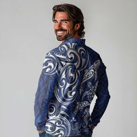 New Zealand Connecting with Seas Long Sleeve Polo Shirt Maori Tribal and Sea Animals Tattoo - White Glass Style