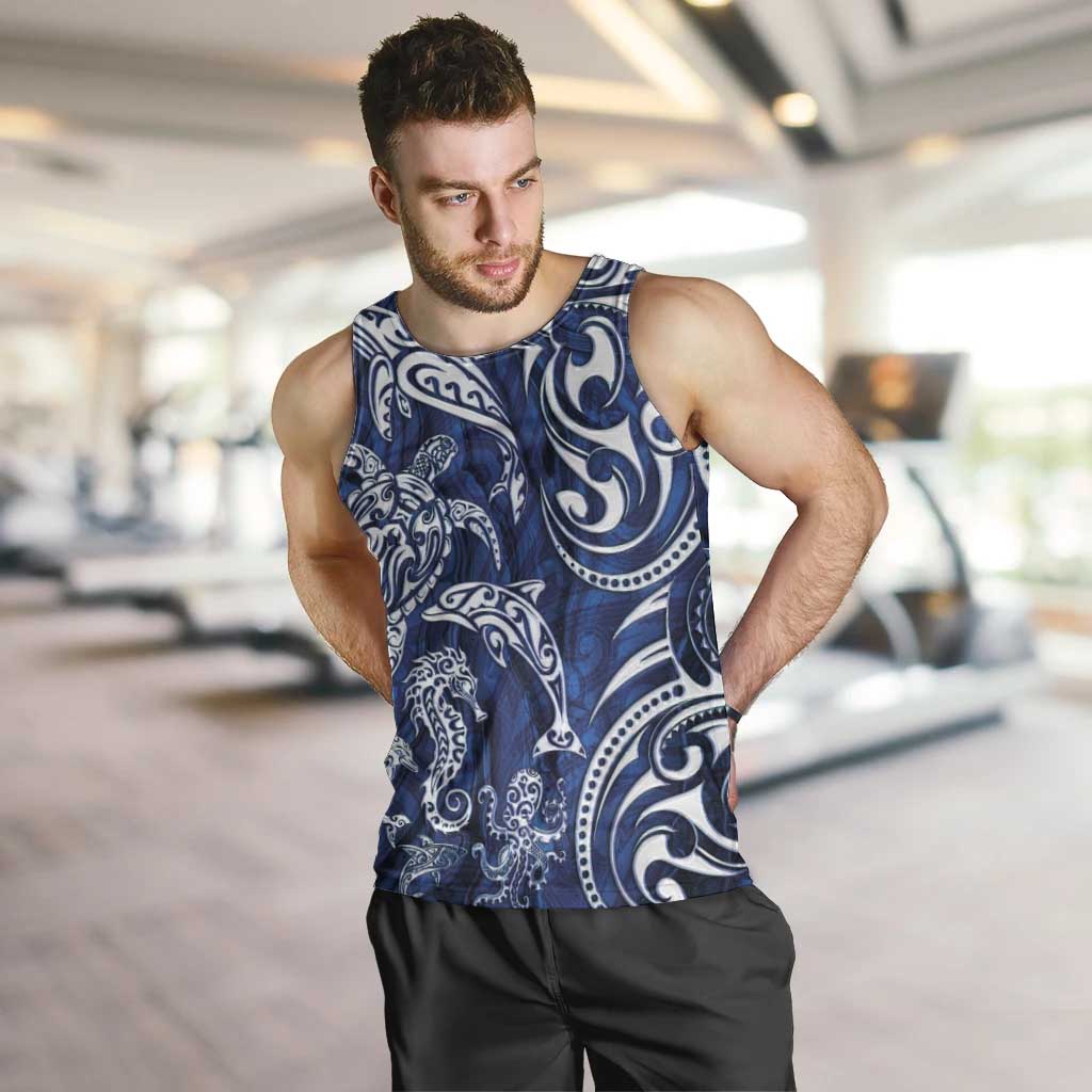 New Zealand Connecting with Seas Men Tank Top Maori Tribal and Sea Animals Tattoo - White Glass Style LT03 Navy - Polynesian Pride