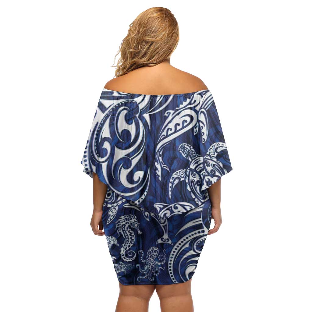 New Zealand Connecting with Seas Off Shoulder Short Dress Maori Tribal and Sea Animals Tattoo - White Glass Style