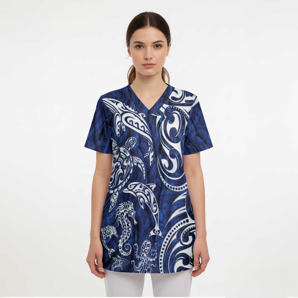 New Zealand Connecting with Seas Scrub Top Maori Tribal and Sea Animals Tattoo - White Glass Style - Polynesian Pride